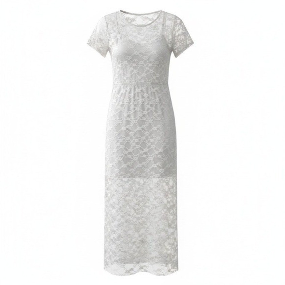 White Floral Lace Short Sleeve Maxi Dress with Mini Slip‎ Lining Scoop Back